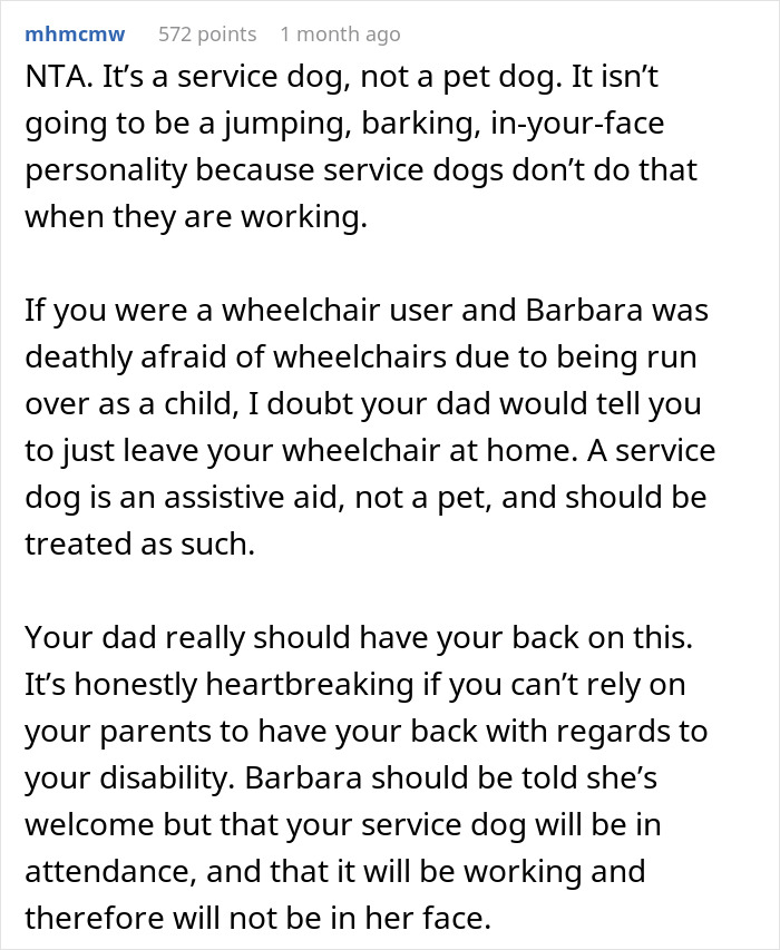 Comment discussing the importance of a service dog as an assistive aid in a woman service dog Thanksgiving drama. Comment discussing the importance of a service dog as an assistive aid in a woman service dog Thanksgiving drama.