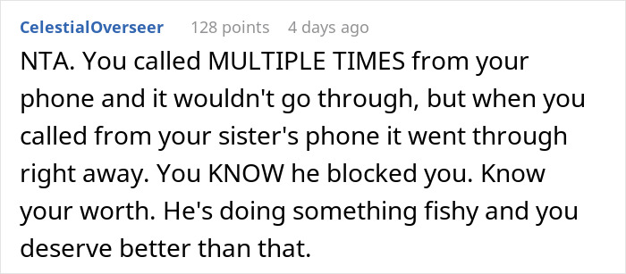 Screenshot of an online forum comment discussing a suspicious blocked call during a man’s work trip causing relationship doubts. Screenshot of an online forum comment discussing a suspicious blocked call during a man’s work trip causing relationship doubts.