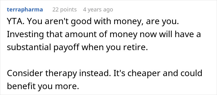 Comment on financial choices, advising investment over choosing nose job instead of kids college funds. Comment on financial choices, advising investment over choosing nose job instead of kids college funds.