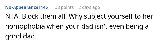 Screenshot of an online comment discussing homophobia and family conflict related to stepdaughter’s sexuality during Thanksgiving. Screenshot of an online comment discussing homophobia and family conflict related to stepdaughter’s sexuality during Thanksgiving.