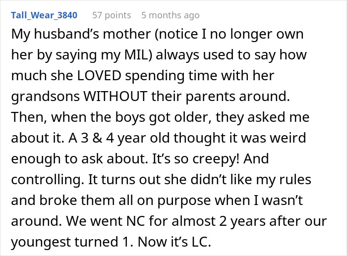 Mom explains discomfort leaving baby alone with mom or MIL due to trust and controlling behavior issues.