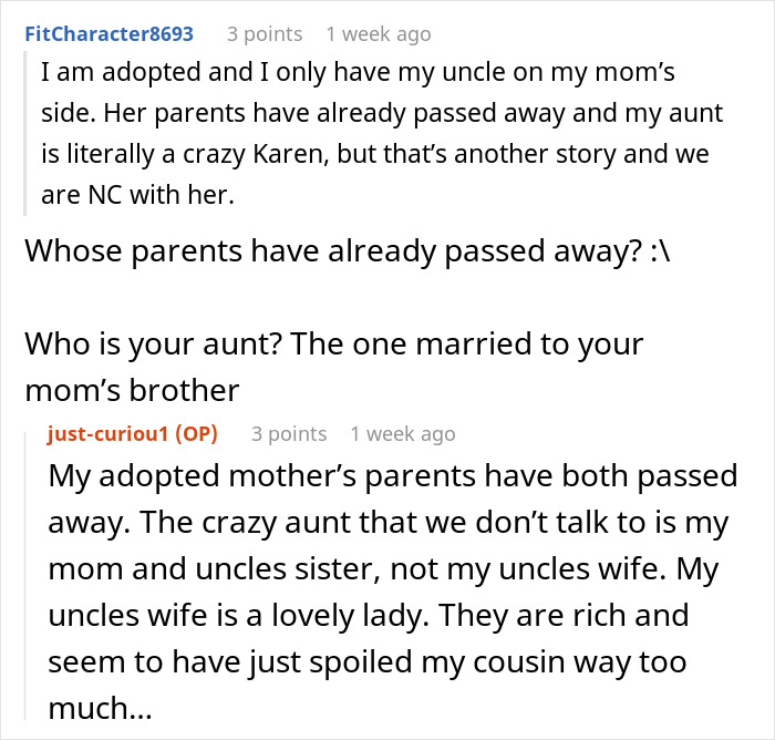 Text conversation showing a bride’s mad cousin upset about her dress at a wedding and family tensions explained.