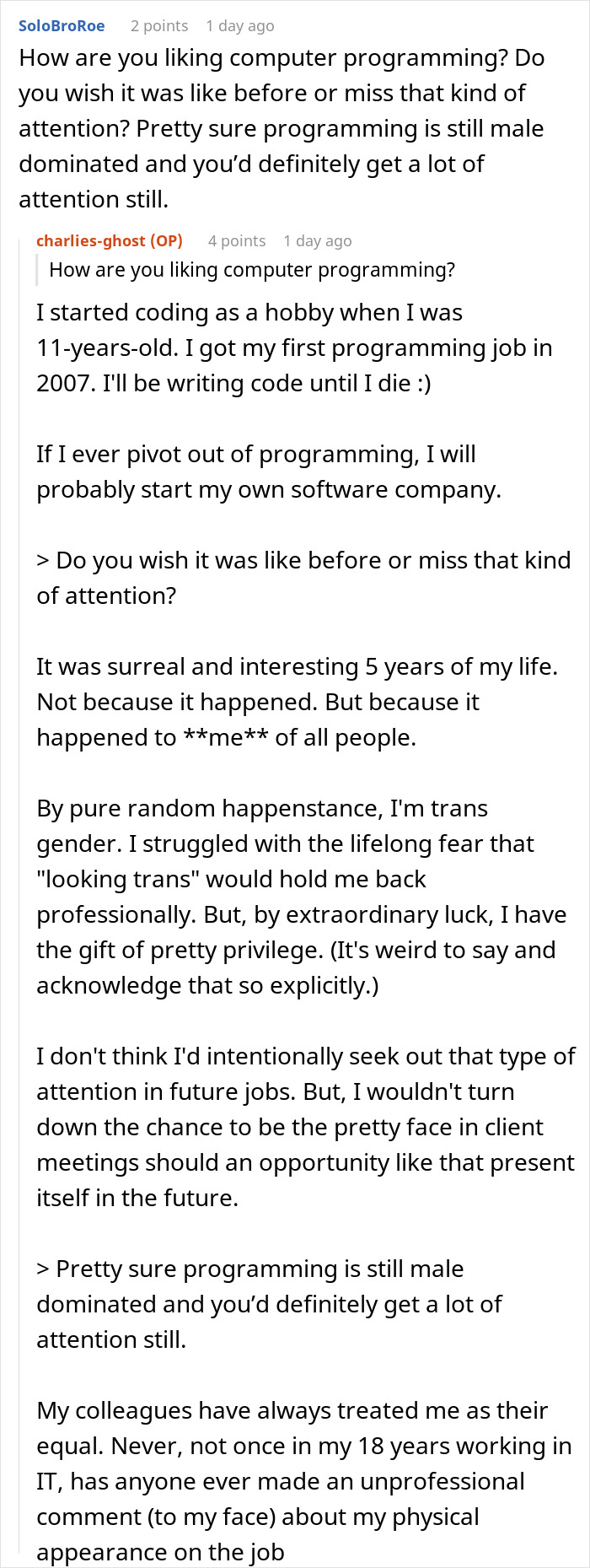 Screenshot of online discussion about female software developer invited to client meetings as a pretty face in male-dominated programming field.