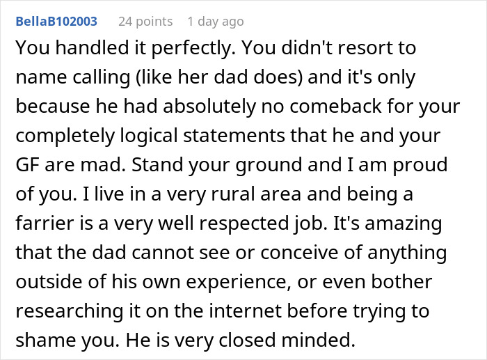 Screenshot of a forum comment praising someone for handling a funny guy mocking daughter's boyfriend because of his job.