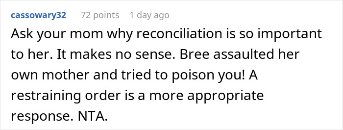 Reddit comment discussing family conflict and reconciliation related to Thanksgiving and sister-in-law opinions.