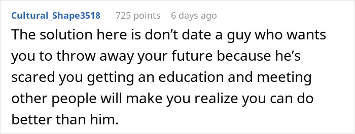 Screenshot of a Reddit comment advising a woman to leave her boyfriend who fears she might cheat if she goes to university.