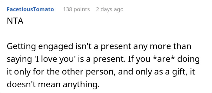 Comment discussing how a man thinks a proposal counts as a Christmas gift but receives a reality check. Comment discussing how a man thinks a proposal counts as a Christmas gift but receives a reality check.