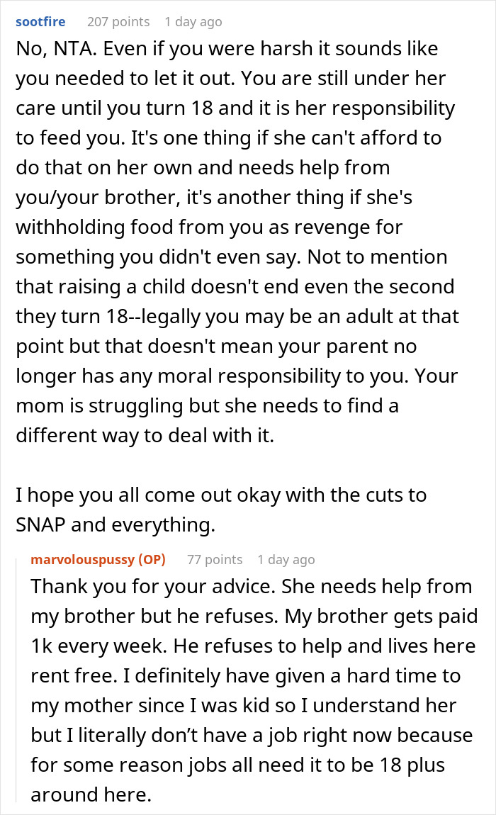 Reddit conversation discussing a 17-year-old calling out mom for retiring from parenting and kids buying their own food. Reddit conversation discussing a 17-year-old calling out mom for retiring from parenting and kids buying their own food.