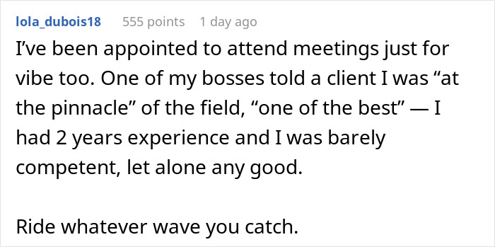 Text post from user lola_dubois18 sharing experience of being invited to client meetings as a female software developer by boss.