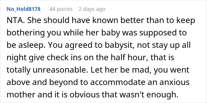 Screenshot of a comment about a friend agreeing to babysit overnight while a mom makes frequent panic calls. Screenshot of a comment about a friend agreeing to babysit overnight while a mom makes frequent panic calls.