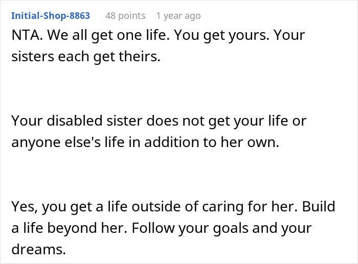 Comment text showing a discussion about a caretaker snapping at sister after years of sacrificing career and dealing with guilt trips. Comment text showing a discussion about a caretaker snapping at sister after years of sacrificing career and dealing with guilt trips.