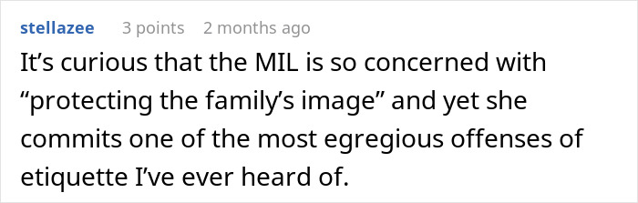 Screenshot of an online comment discussing MIL’s secret wedding invites and protecting the family image controversy. Screenshot of an online comment discussing MIL’s secret wedding invites and protecting the family image controversy.