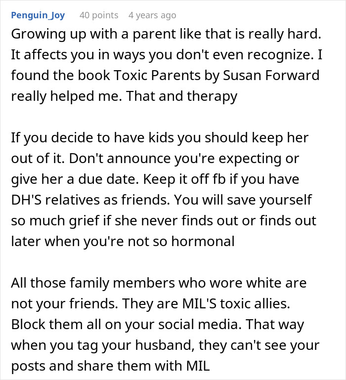 Comment discussing the emotional impact of toxic parents and advice on handling a difficult mother-in-law at weddings and family events. Comment discussing the emotional impact of toxic parents and advice on handling a difficult mother-in-law at weddings and family events.