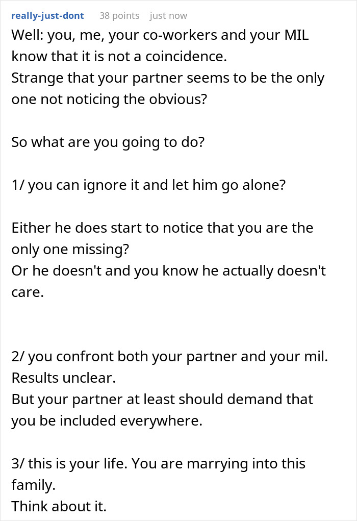 Text post discussing future MIL scheduling family events on days the lady is working, causing tension in the relationship. Text post discussing future MIL scheduling family events on days the lady is working, causing tension in the relationship.