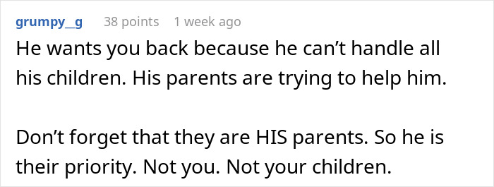 Comment explaining in-laws are upset as woman refuses to host a blended family Christmas with ex&rsquo;s affair children.