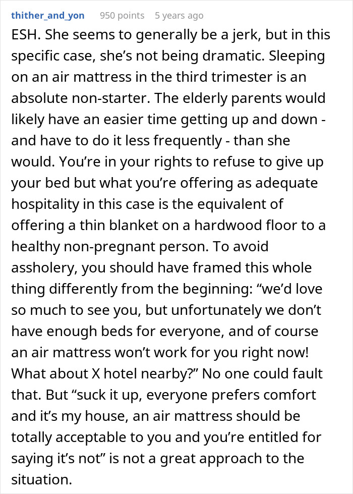 Text post discussing pregnant SIL offended by being given an air mattress and couple calling dibs on their room instead. Text post discussing pregnant SIL offended by being given an air mattress and couple calling dibs on their room instead.