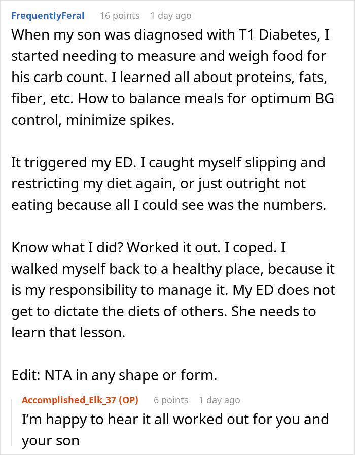 Reddit user shares how strict diet triggered her eating disorder while managing son's T1 Diabetes, emphasizing healthy balance. Reddit user shares how strict diet triggered her eating disorder while managing son's T1 Diabetes, emphasizing healthy balance.