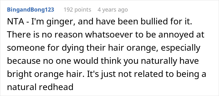 Comment by BingandBong123 explaining personal experience with being bullied for dyeing hair orange in classmate drama discussion. Comment by BingandBong123 explaining personal experience with being bullied for dyeing hair orange in classmate drama discussion.