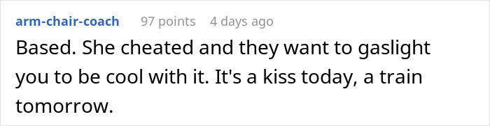 Comment discussing a girlfriend kissing another woman in front of friends and the boyfriend’s reaction to break up. Comment discussing a girlfriend kissing another woman in front of friends and the boyfriend’s reaction to break up.