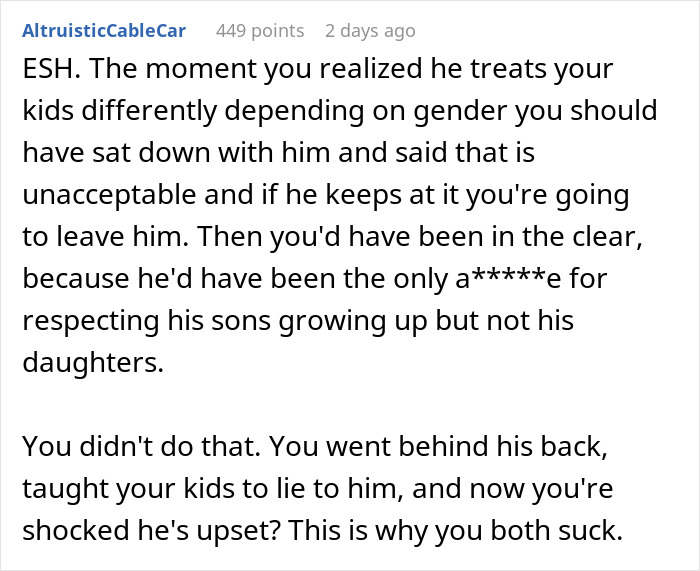 Comment discussing man's reaction to teen daughter's relationship and wife's role in hiding it due to gender bias.