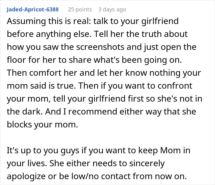 Commenter advising to talk to girlfriend first and consider cutting ties after mother reveals true colors through texts.