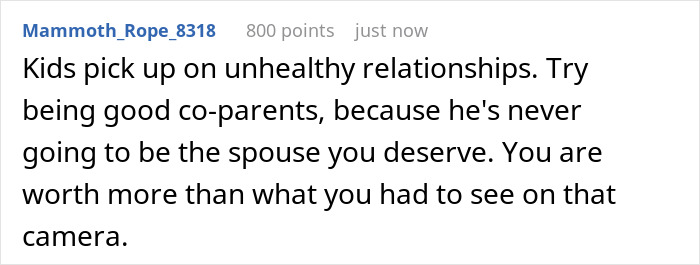 Text comment about unhealthy relationships, encouraging co-parenting after boyfriend cheating on a woman during a vacation. Text comment about unhealthy relationships, encouraging co-parenting after boyfriend cheating on a woman during a vacation.