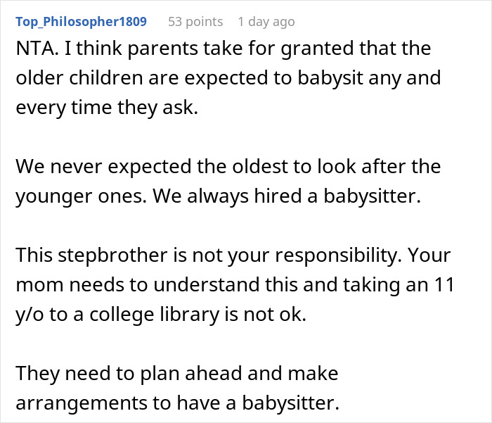 Comment discussing expectations around babysitting and responsibility for girlfriend's son, emphasizing he is not the stepbrother's duty.