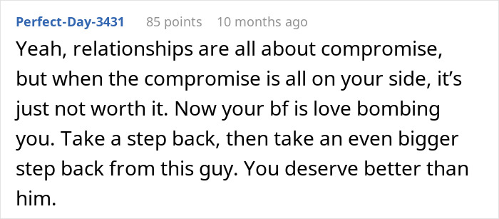 Comment discussing relationship compromise and advice for a woman buying expensive gifts for boyfriend&rsquo;s kids.