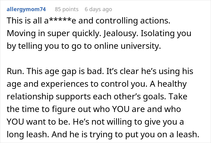 Screenshot of a Reddit comment warning about controlling behavior in a 30YO boyfriend-20YO girlfriend relationship with an age gap.