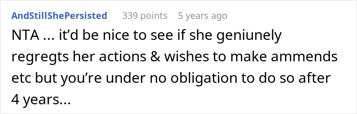 Comment from Reddit user AndStillShePersisted discussing sibling neglect and reconnection after 4 years of no contact.