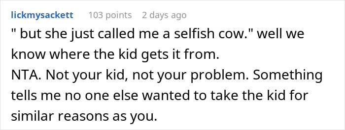 Comment criticizing sister for calling her selfish cow after refusing to babysit badly behaved nephew in hospital situation. Comment criticizing sister for calling her selfish cow after refusing to babysit badly behaved nephew in hospital situation.