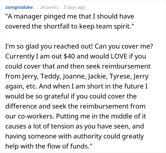 Text post showing a complaint about coworkers ghosting on Venmo payments causing tension around birthday reimbursements. Text post showing a complaint about coworkers ghosting on Venmo payments causing tension around birthday reimbursements.
