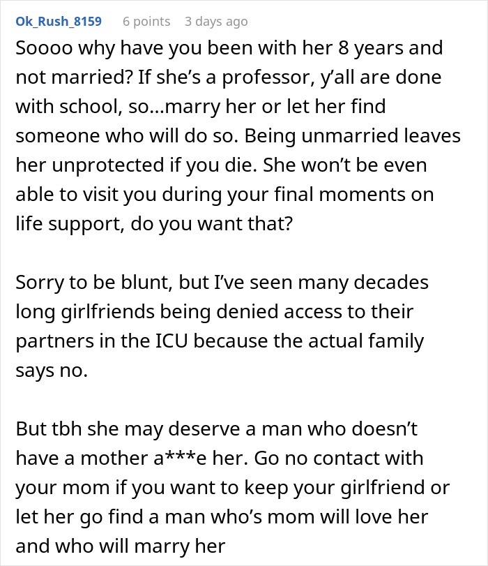 Screenshot of a Reddit comment discussing a man cutting ties with his mother after she revealed true colors through texts.