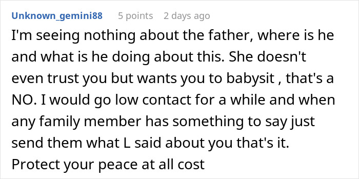 Reddit user advises low contact and setting boundaries when a sibling refuses newborn nephew care and trust is lacking. Reddit user advises low contact and setting boundaries when a sibling refuses newborn nephew care and trust is lacking.