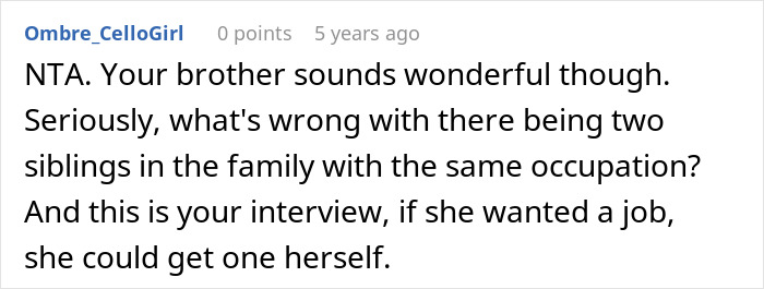 Screenshot of an online comment discussing parents demanding a woman give up career opportunity to spoiled sister. Screenshot of an online comment discussing parents demanding a woman give up career opportunity to spoiled sister.
