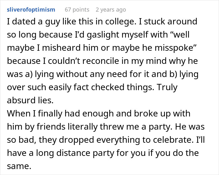 Screenshot of a Reddit comment describing experiences with a man lying about his master’s degree and the truth being uncovered by his wife. Screenshot of a Reddit comment describing experiences with a man lying about his master’s degree and the truth being uncovered by his wife.