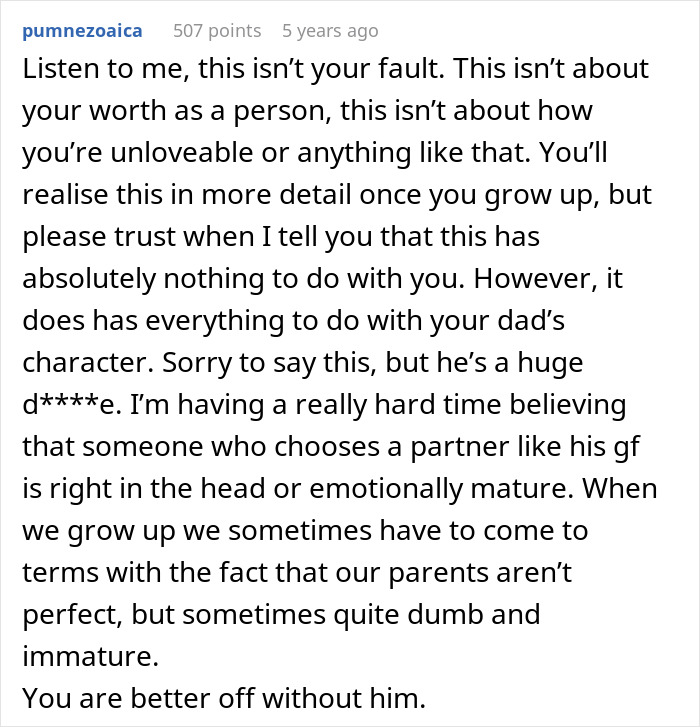 Text post offering emotional support to a teen dealing with adoption issues and parental relationship struggles.