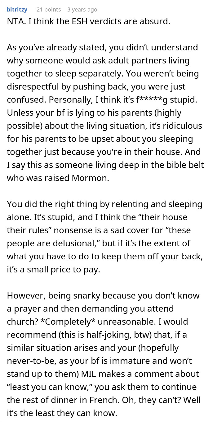 Screenshot of a Reddit comment discussing MIL making son's girlfriend sleep separately and issues with prayer and church attendance.
