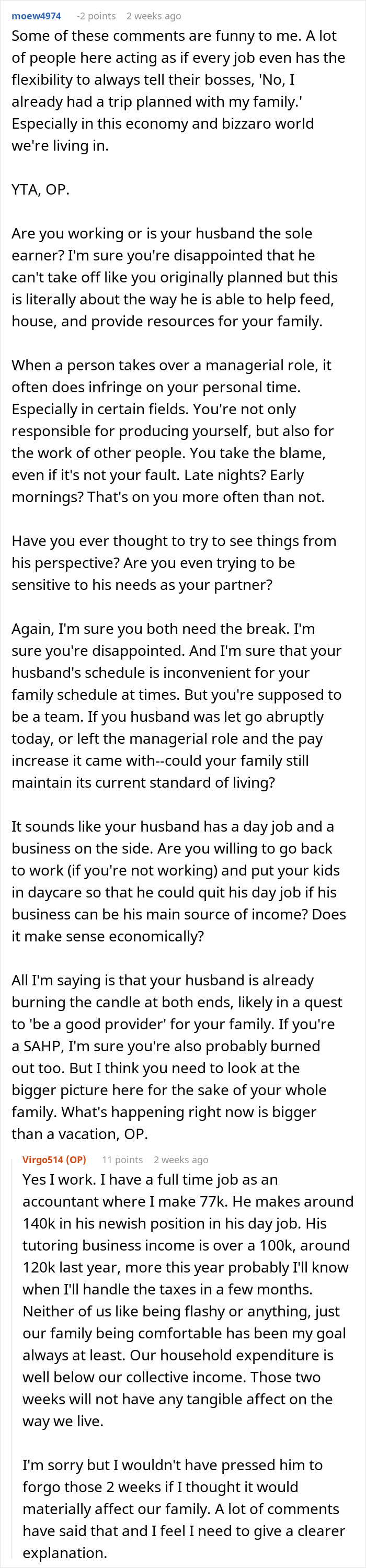 Couple conflicted on family vacation as husband prioritizes business, wife considers taking a solo trip for a break.