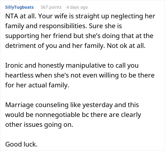Screenshot of a Reddit comment discussing a mom prioritizing her widowed friend over her kids, causing marital conflict.