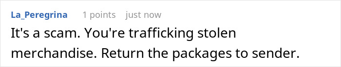 Screenshot of a comment accusing a scam involving packages sent to wrong address requiring return at recipient's expense.