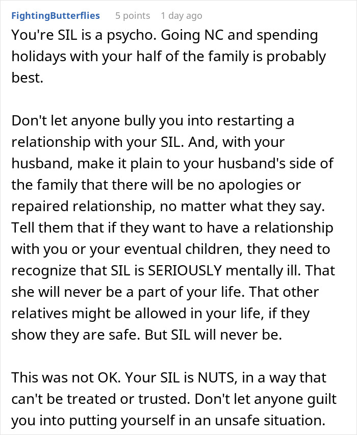 Comment discussing a woman’s difficult relationship with her sister-in-law and Thanksgiving family tension.