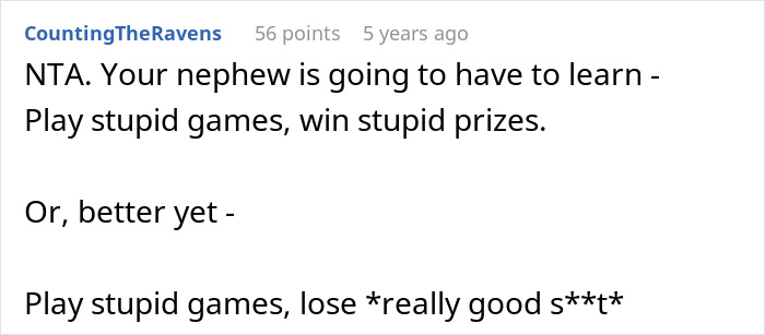 Comment on a forum post about a woman who took back her nephew's Christmas gift, discussing consequences for the nephew.