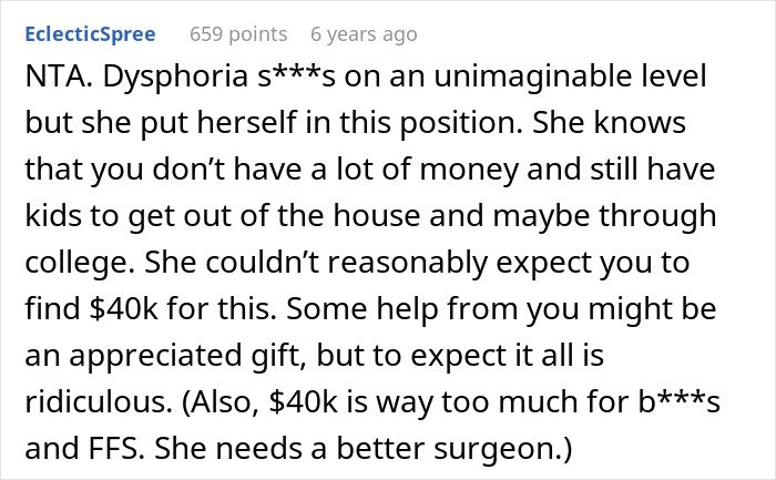 Comment discussing daughter’s money struggles related to surgeries, emphasizing financial limits and expectations. Comment discussing daughter’s money struggles related to surgeries, emphasizing financial limits and expectations.