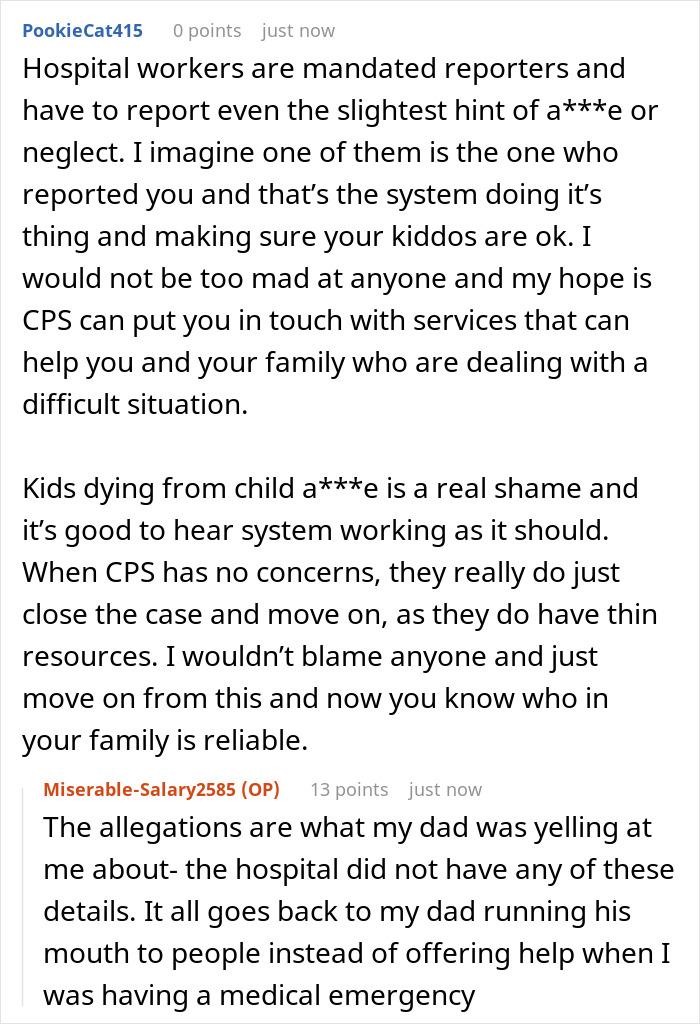 Screenshot of a discussion about a woman fighting for her life in hospital and a toxic dad’s rant leading to a CPS case. Screenshot of a discussion about a woman fighting for her life in hospital and a toxic dad’s rant leading to a CPS case.