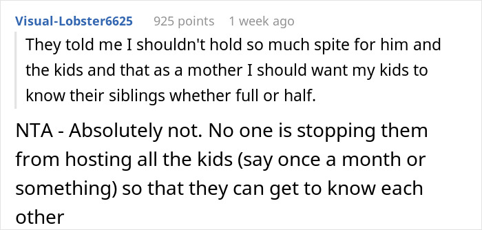 Screenshot of a forum comment discussing refusal to host a blended family Christmas with ex’s affair kids. Screenshot of a forum comment discussing refusal to host a blended family Christmas with ex’s affair kids.