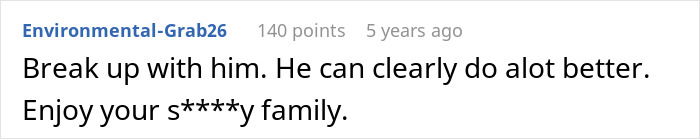Comment on a forum post expressing disapproval of fiancé’s threat, relating to bride’s family wanting to call off wedding. Comment on a forum post expressing disapproval of fiancé’s threat, relating to bride’s family wanting to call off wedding.