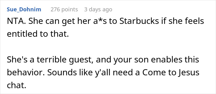 Screenshot of a Reddit comment discussing a mother-in-law offering to make morning coffee for daughter-in-law but ignoring her fancy recipe demand. Screenshot of a Reddit comment discussing a mother-in-law offering to make morning coffee for daughter-in-law but ignoring her fancy recipe demand.