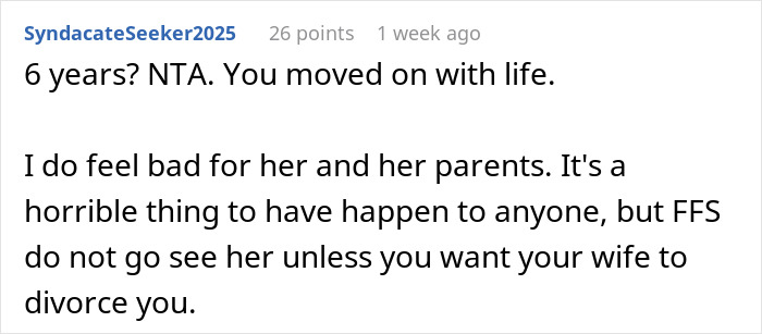 Screenshot of a Reddit comment discussing a man refusing to visit his terminally ill ex-GF who cheated on him.