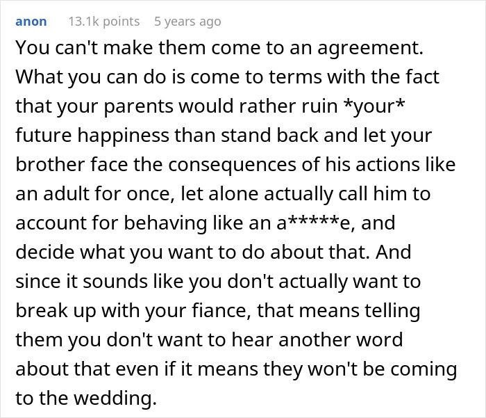 Comment discussing bride’s family conflict over fiancé threatening legal action involving her brother before the wedding. Comment discussing bride’s family conflict over fiancé threatening legal action involving her brother before the wedding.